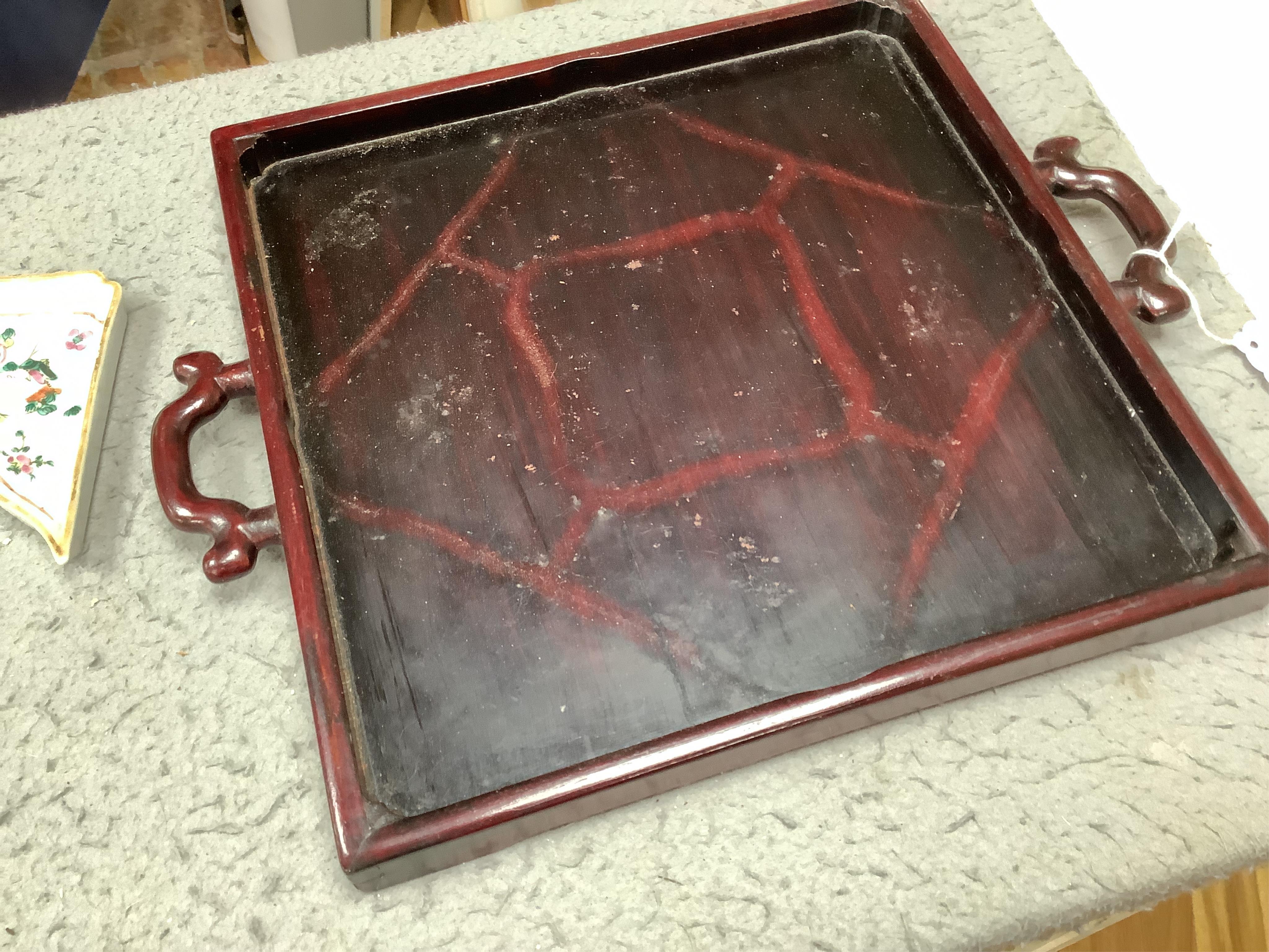 A square Chinese hardwood tray of famille rose geometric dishes, 30cm. Condition - fair to good